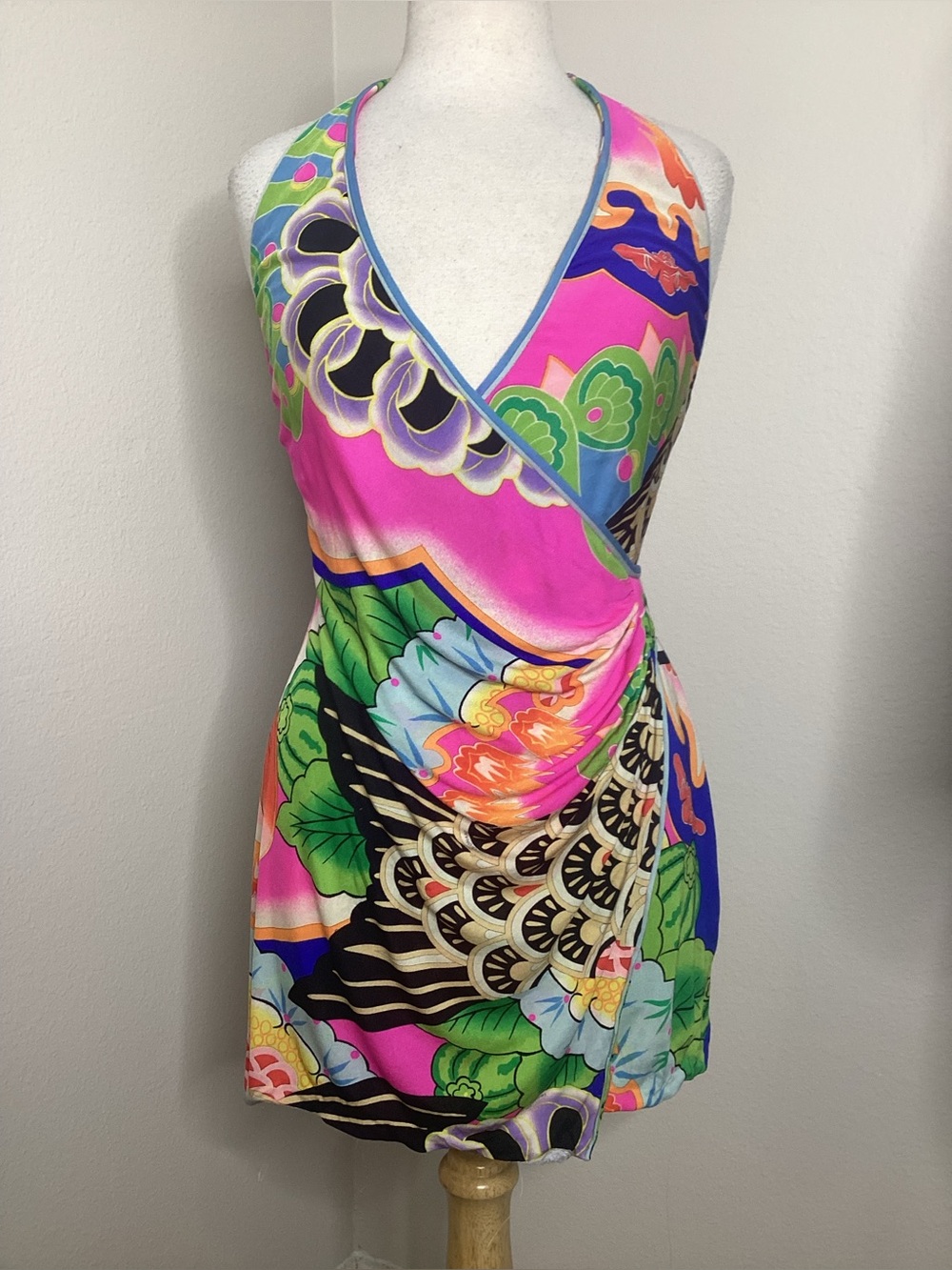 Vintage Leonard Silk Wrap Dress Backless Colorful Sm